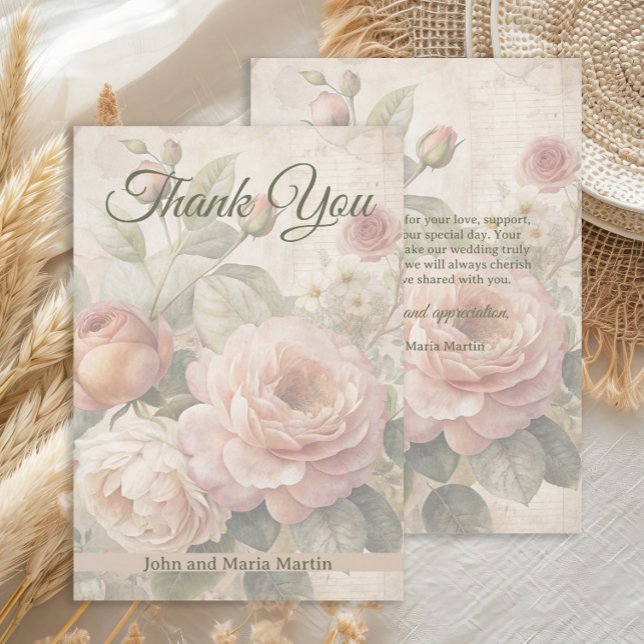 Romântico Agradecimento de Casamento com Rosas Ant (Romantic vintage roses wedding Thank You card)