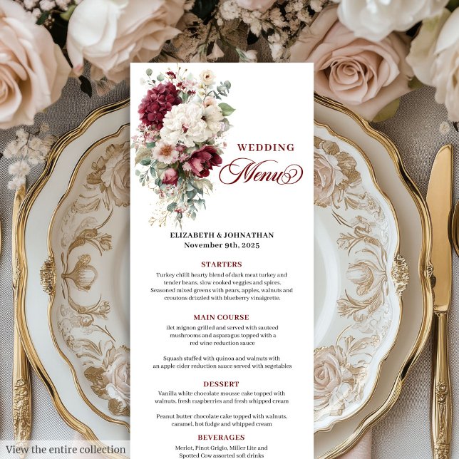 Romântico Boho Burgundy White Rose Menu Casamento (Romantic Boho Burgundy White Rose Wedding Menu)