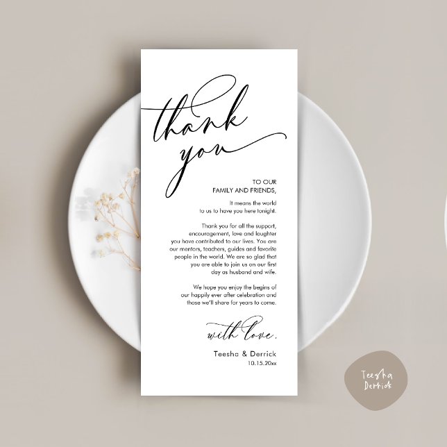 Romântico Casamento Obrigado Colocar Cartão De Con (Romantic Wedding Dinner Thank You Place Setting Card, in Black and White )