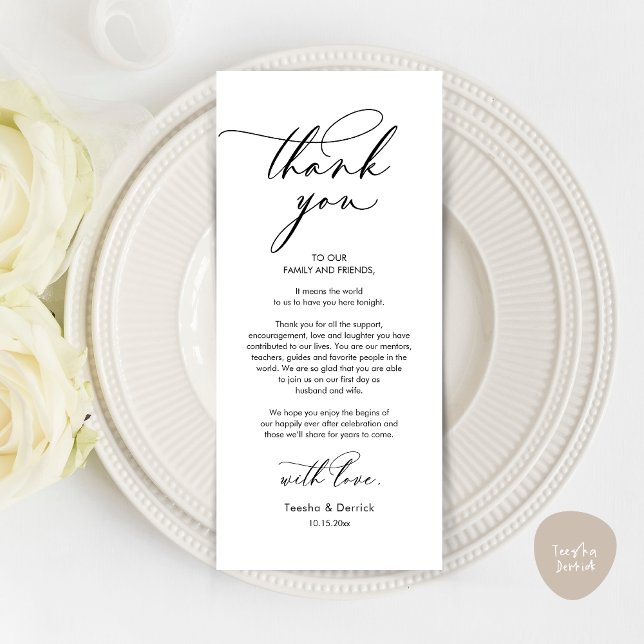 Romântico Casamento Obrigado Colocar Cartão De Con (Romantic Wedding Dinner Thank You Place Setting Card, in Black and White )