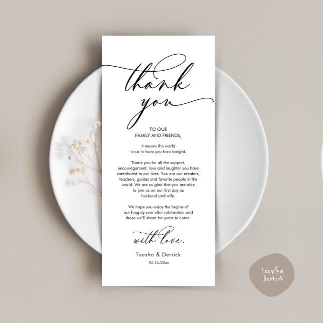 Romântico Casamento Obrigado Colocar Cartão De Con (Romantic Wedding Dinner Thank You Place Setting Card, in Black and White )