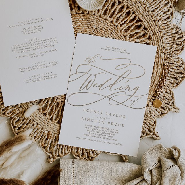 Romântico Convite de Noivado Dourado Caligrafia Tu (Romantic Gold Calligraphy All In One Wedding Invitation)