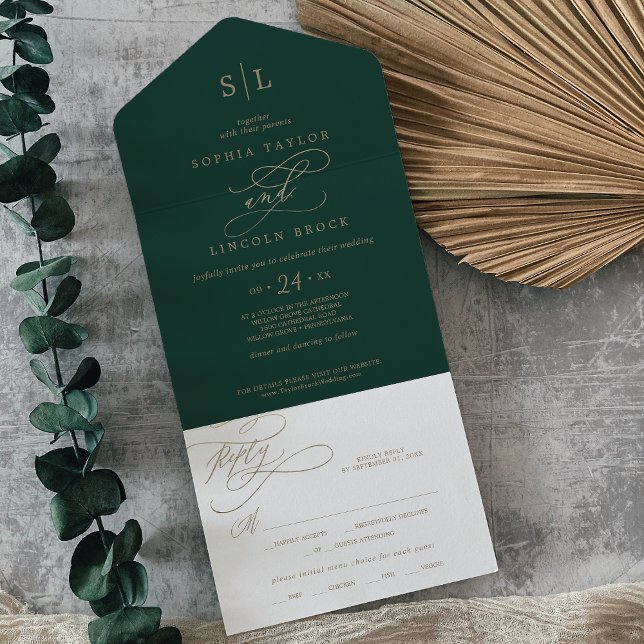 Romântico Monograma de Caligrafia Verde Casamento  (Romantic Green Calligraphy Monogram Wedding All In One Invitation)