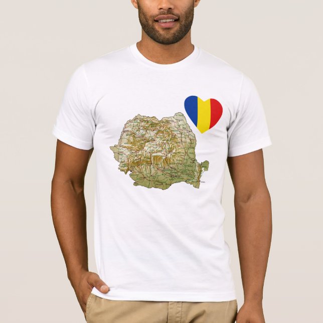 Romênia Flag Heart and Map T-Shirt (Frente)