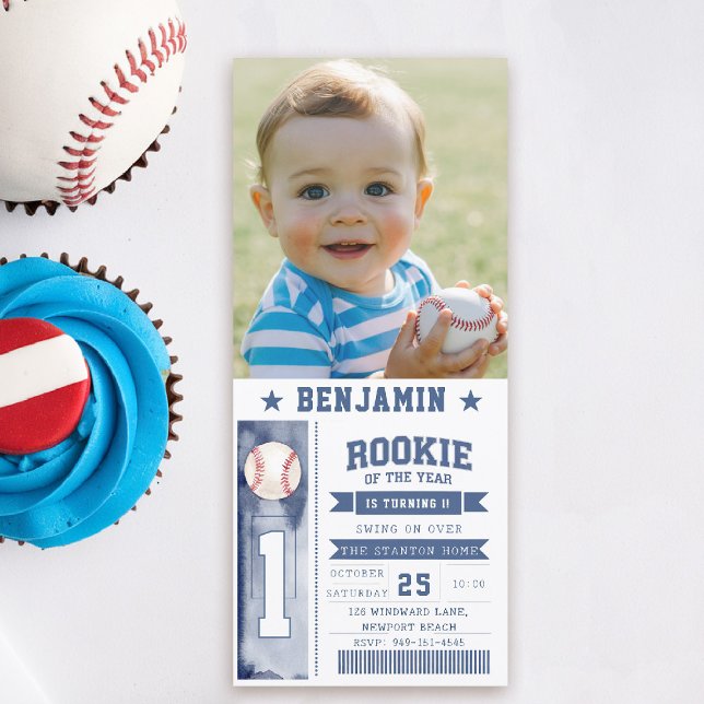Rookie Baseball Foto Blue Boy Convite de Aniversár (rookie of the year birthday invite boy photo template blue milestone invitation ticket)