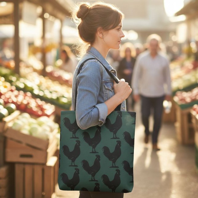 Rooster Tote Bag, Green and Black Chicken Design  (Criador carregado)