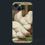 Roosters & Hen fora da Casa Hen com Fronteira Bran<br><div class="desc">Um impressão de arte rústica exibindo um galo vigoroso e uma galinha em uma casa de galinha. A borda da névoa escura é um padrão composto por elementos espirais. Esta impressão seria uma grande adição a uma decoração de casa rural.</div>