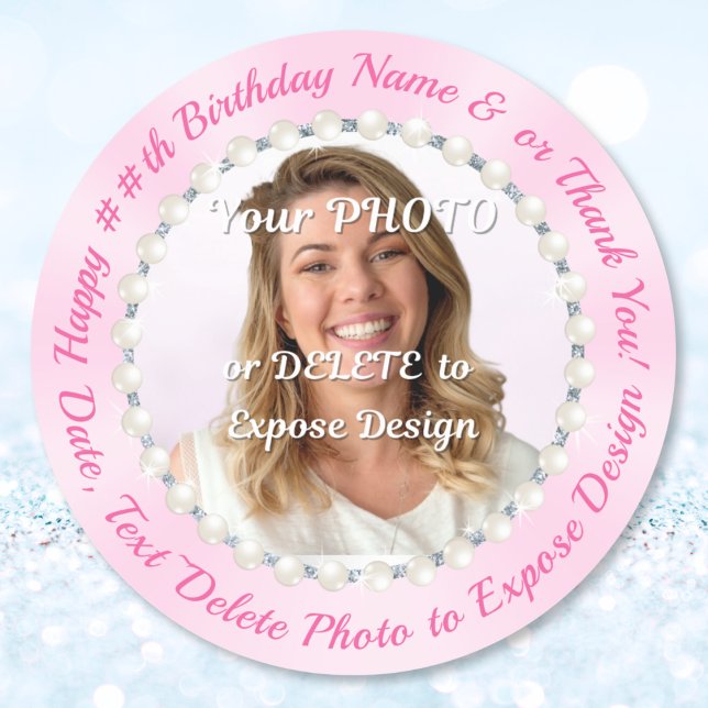 Rosa, Adesivo de aniversário com nome e foto (Photo Birthday Stickers. Birthday favor stickers. Personalized birthday stickers for favors. 30th)