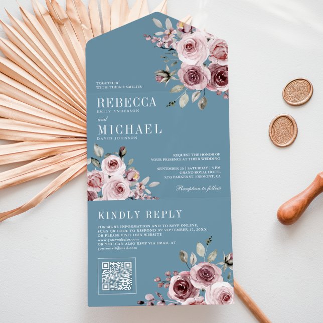 Rosa Azul Empoeirado Código QR Floral Casamento (Criador carregado)