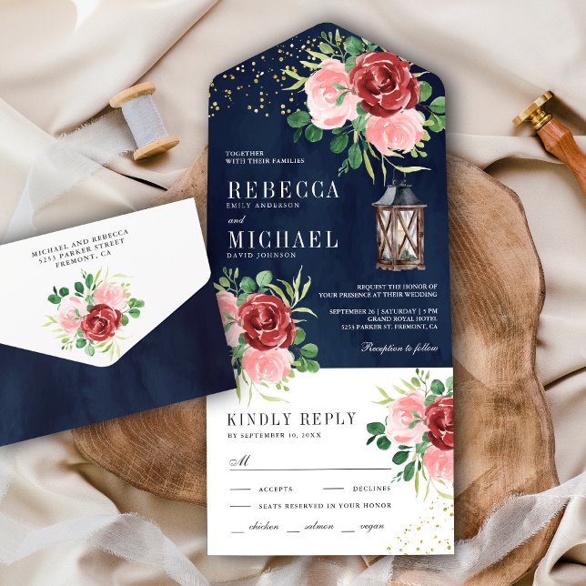 Rosa Bege Borgonha Floral Lanterna Azul Casamento (Criador carregado)