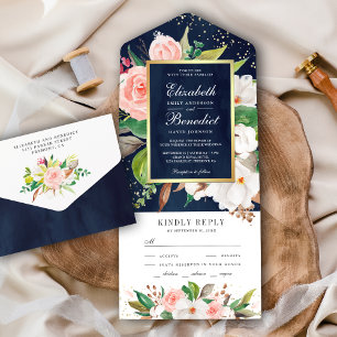 Rosa Bege Magnólia Floral Azul Marinho Casamento