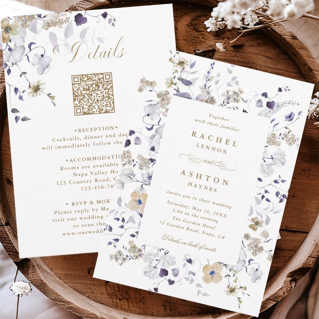 Rosa Branca Dourado Floral Convite de Casamento Tu (Front & Back)