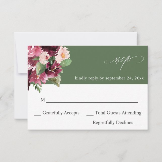 Rosa & Burgundy Floral 7 no Meal RSVP V2 - Verde (Frente)