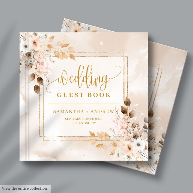 Rosa claro e Dourado Quadro de Autumn Wede Livro C (Light Pink & Gold Frame Autumn Wedding Guest Book)