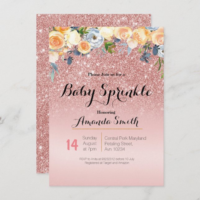 Rosa cor-de-rosa Dourada Sprinkle convite azul (Frente/Verso)