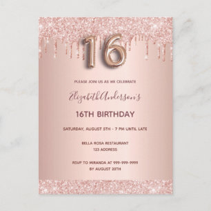 rosa de 16.o aniversário convite cor-de-rosa