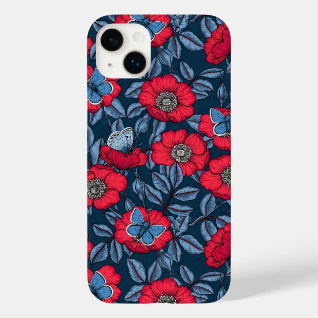 Rosa de cão e borboletas em azul e vermelho (Verso)