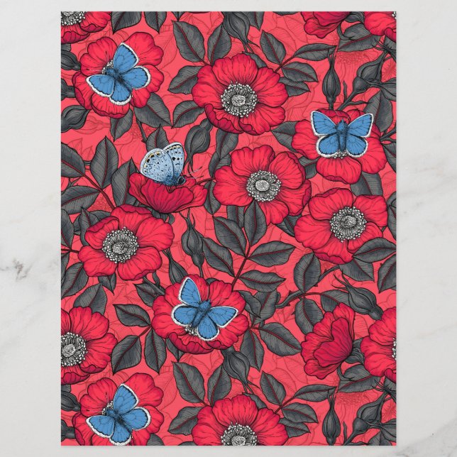 Rosa de cão e borboletas em vermelho e azul (Frente)