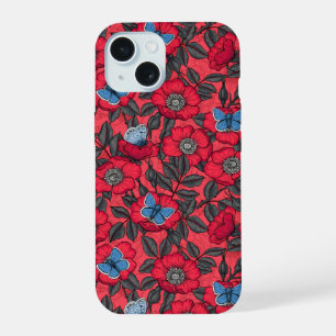 Rosa de cão e borboletas em vermelho e azul