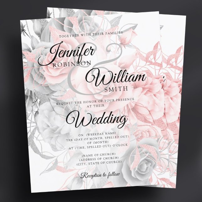 Rosa de Casamento Floral de Orçamento Prata de Con (Budget Floral Wedding Invitation Rose Gold Silver )