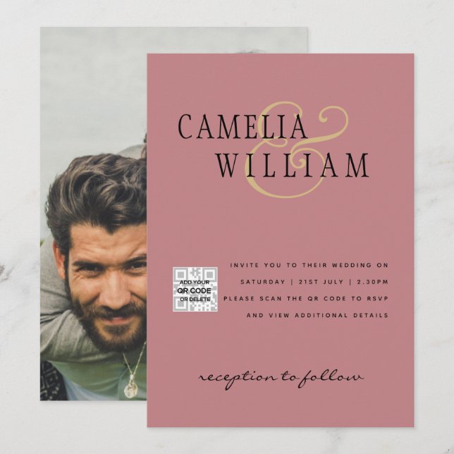 Rosa de Dusty do QRCode RSVP de Convite para Casam (Frente/Verso)