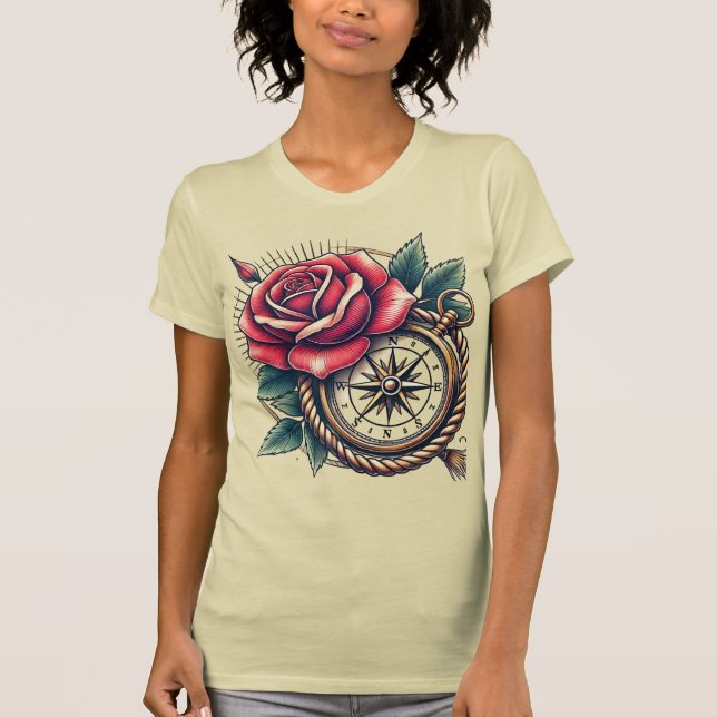 Rosa de estilo de tatuagem e Design de T-Shirt Com (Frente)