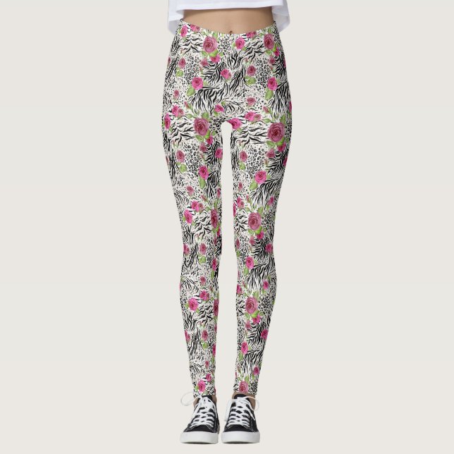 Rosa de impressão animal texturizado Leggings femi (Frente)