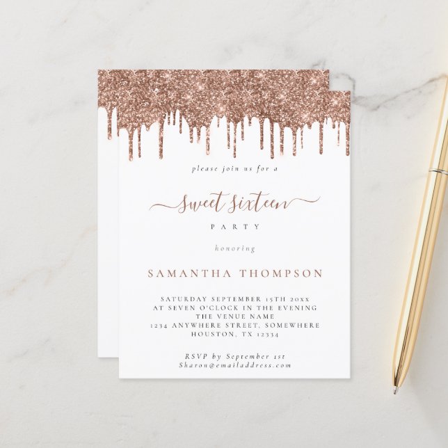 Rosa de Orçamento Glitter Drips Doce 16 Convite (Frente/Verso In Situ)