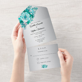 Rosa de Silver Aqua Tudo em Um Convite De Casament