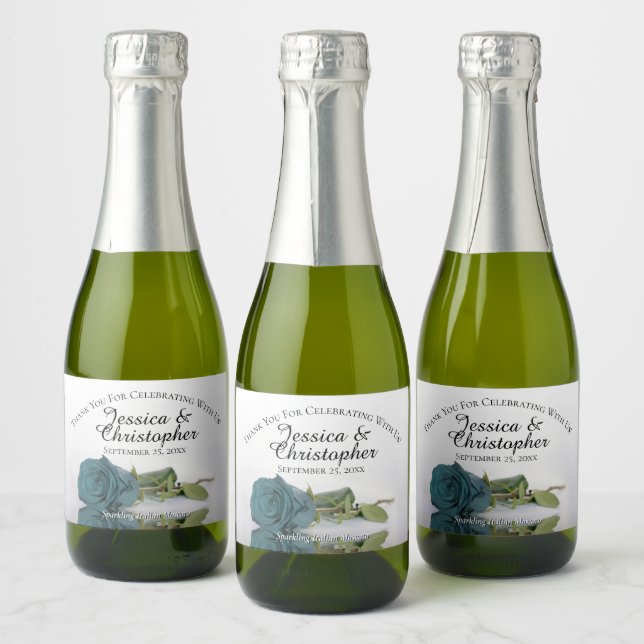 Rosa de Teal Romântico Casamento Elegante Obrigado (Garrafas)