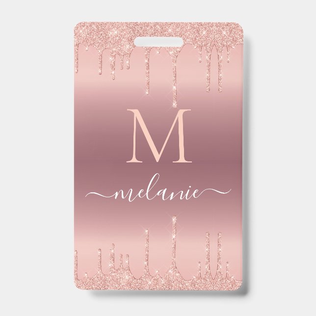 Rosa Dourada Glitter Personalizar o Crachá de Nome (Frente)