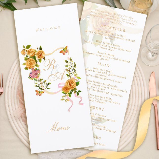 Rosa Dourada Menu de Casamento com Monograma e Fit (Gold Rose Ribbon Monogram Wedding Menu)