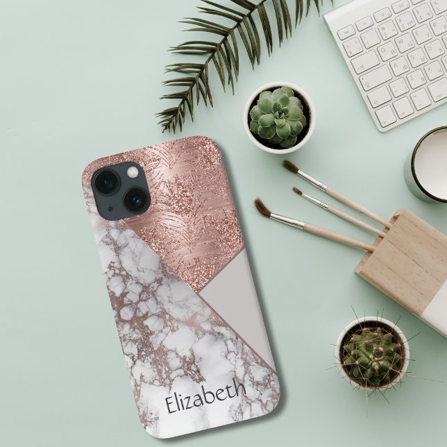 Rosa Dourada Monograma Mármore Branco Cinza Geomét (Monogrammed Personalized Rose Gold Glitter Marble Geometric Abstract iPhone case )