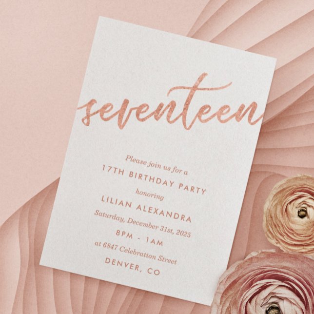 Rosa Dourado 17º Convite de aniversário Foil Faux (Criador carregado)