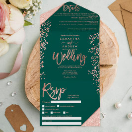 Rosa dourado, confete, casamento chic verde