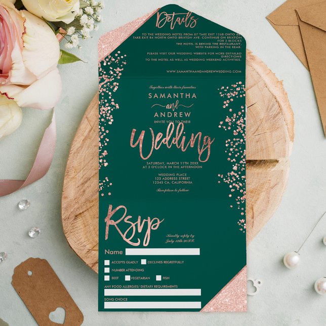 Rosa dourado, confete, casamento chic verde (Criador carregado)