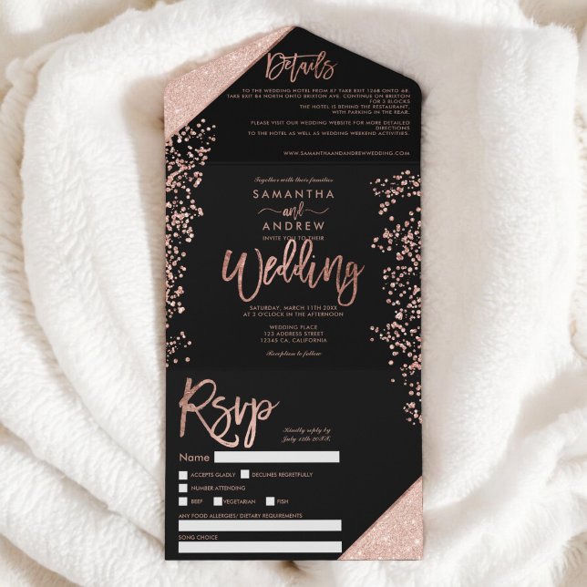 Rosa dourado confete chic casamento preto (Rose gold glitter confetti chic black wedding all in one invitation)