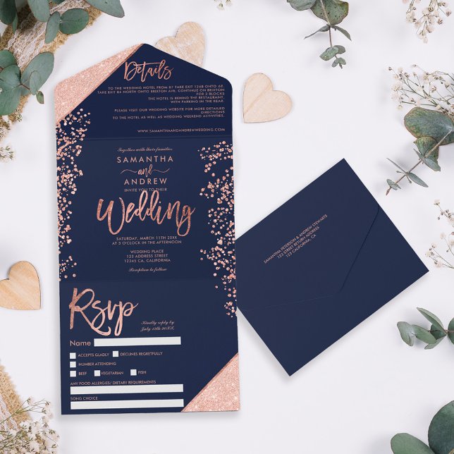 Rosa dourado confete marinho casamento azul (Criador carregado)