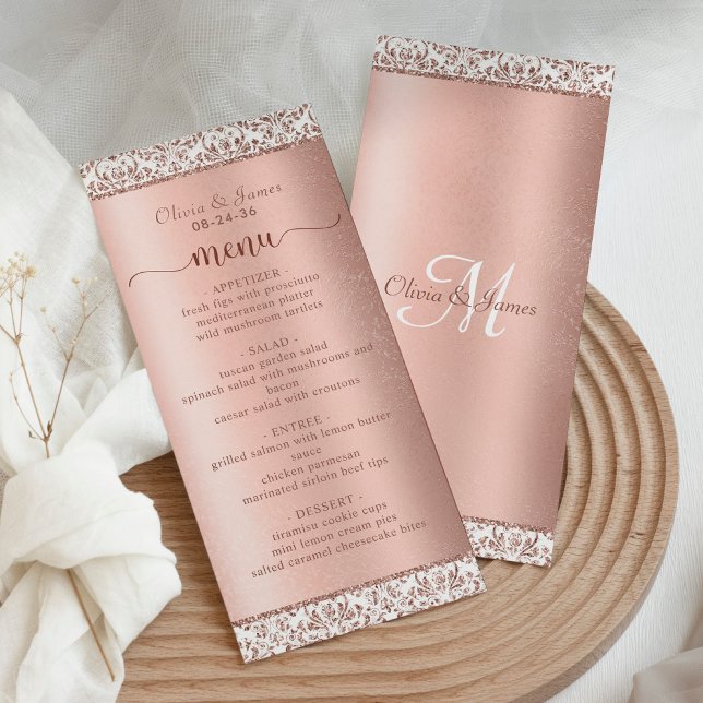 Rosa Dourado Damask Glitter Elegant Weding Menu (Criador carregado)