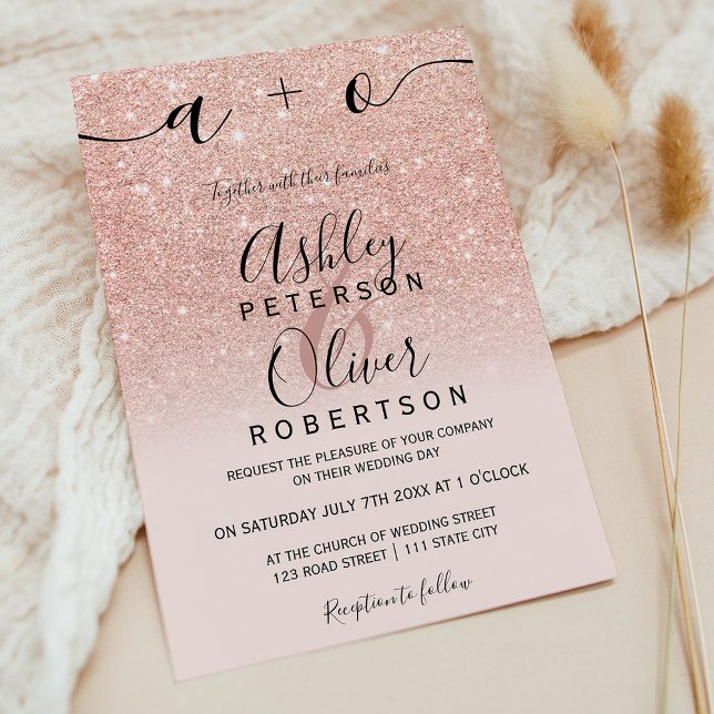 Rosa dourado falso brilho cor-de-rosa casamento do (Rose gold faux glitter pink ombre budget wedding)
