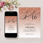 Rosa Dourado Glam Glitter Sweet 16 Convite<br><div class="desc">Este belo convite apresenta uma falha de rosa dourado e o seu texto personalizado. Use o modelo para adicionar suas informações. Altere a fonte ou adicione mais texto usando o recurso Personalizar.</div>