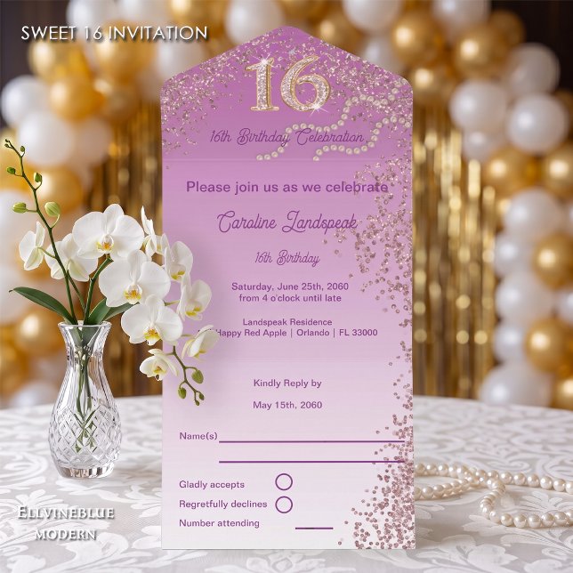 Rosa Dourado Glitter Caligrafia Número Doce 16 (Chic Sweet 16 invite with an easy-to-tear perforated RSVP card. Rose Gold Glitter Celebration!)