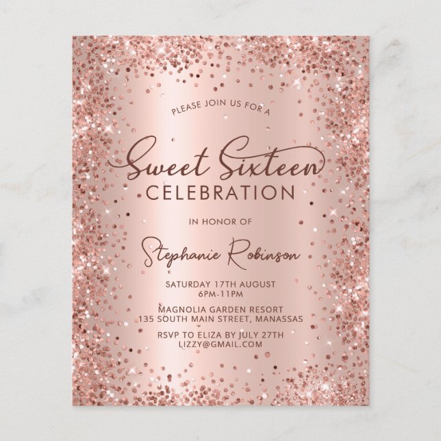 Rosa Dourado Glitter Doce 16 Convite de Aniversári (Frente)