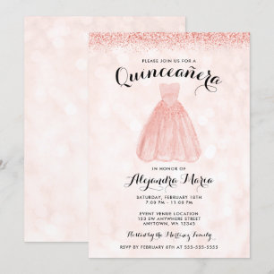Rosa Dourado Glitter Vestido Quinceanera Convites