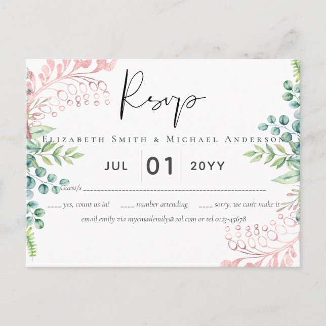 Rosa Dourado Greenery Wedding RSVP MENU (Frente)