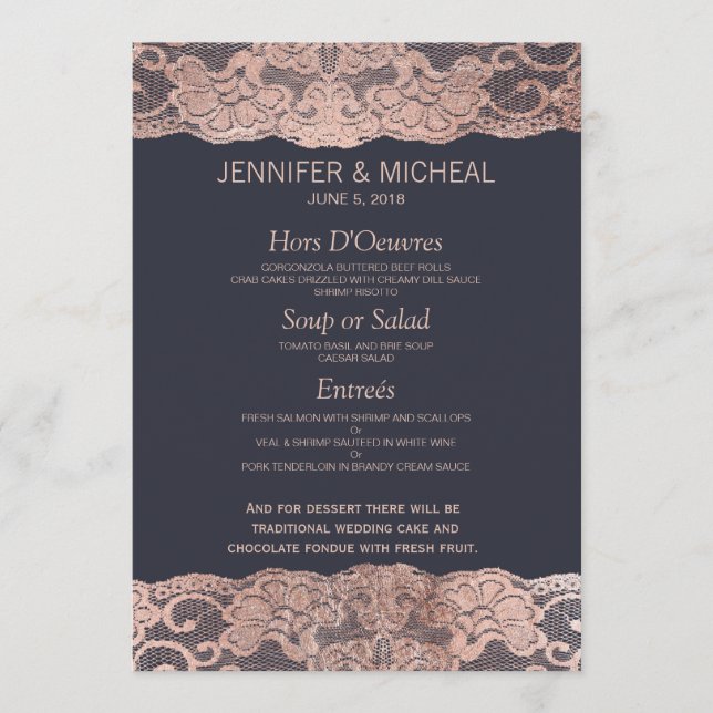 Rosa Dourado Lace e Marinho Blue Weding Menu (Frente)