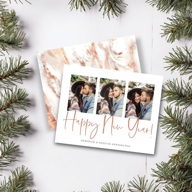 Rosa Dourado Marble de Ano Novo Manuscrito de Orça (Budget Handwritten New Year Rose Gold Marble Card)