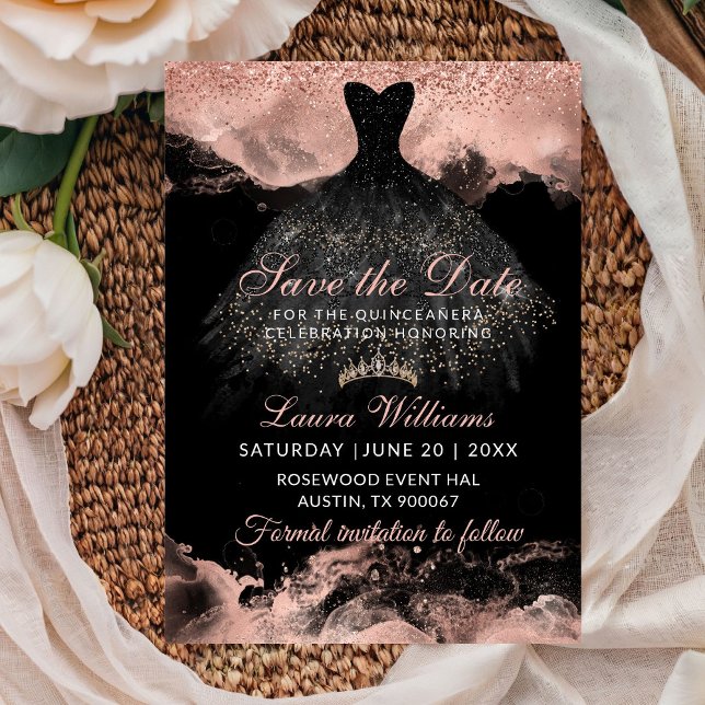 Rosa Dourado Princesa Quinceañera Save the Date (Rose gold & Black Princess Quinceañera birthhday save the date)