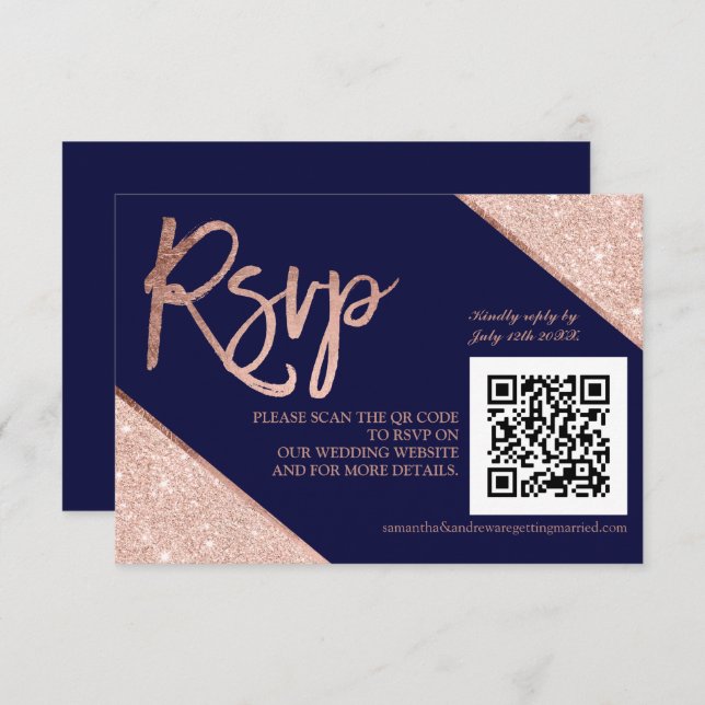 Rosa dourado script azul QR code rsvp casamento (Frente/Verso)