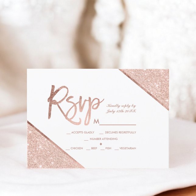 Rosa dourado script branco rsvp casamento (Rose gold glitter script white rsvp wedding)
